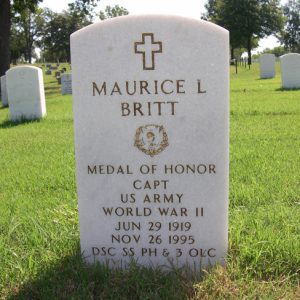 "Maurice L Britt captain U.S. Army World War 2" gravestone with cross medal of honor