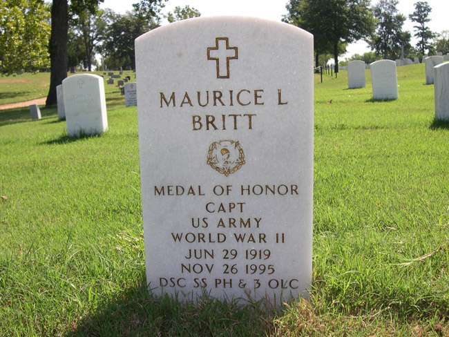 "Maurice L Britt captain U.S. Army World War 2" gravestone with cross medal of honor