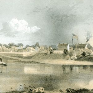 River with steamboat and town in the background and fort with American flag flying surrounded by trees