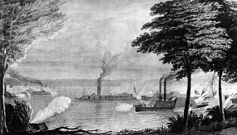 Ironclad ships on river firing at each other with trees on shore in the foreground