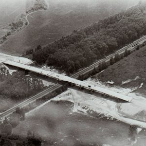 Aerial view of highway bridge under construction
