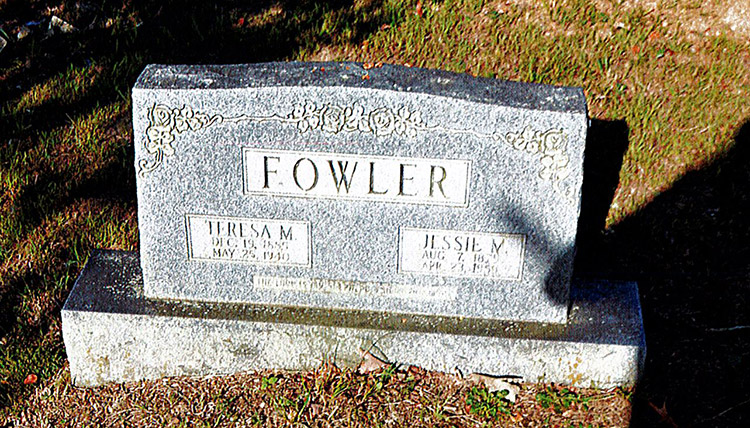"Teresa M. and Jessie M. Fowler" gravestone in cemetery