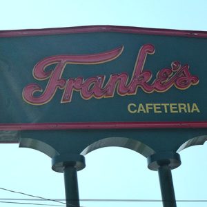 Close-up of "Franke's Cafeteria" neon sign
