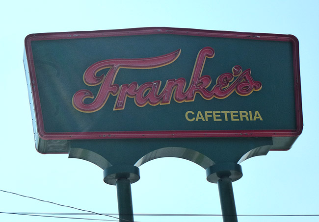 Close-up of "Franke's Cafeteria" neon sign