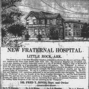 Drawing of multistory building with trees around it above text "New Fraternal Hospital" and further description