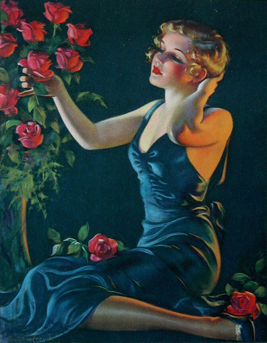 Young white woman in sleeveless dress sitting down picking roses from a rose bush