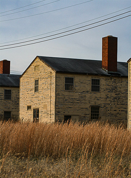 Weathered multistory buildings with brick chimneys with tall grass in the foreground