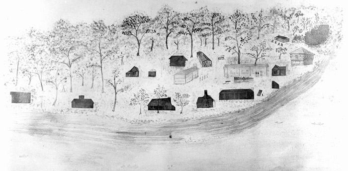 Drawing of river with houses and fort buildings on one side and trees