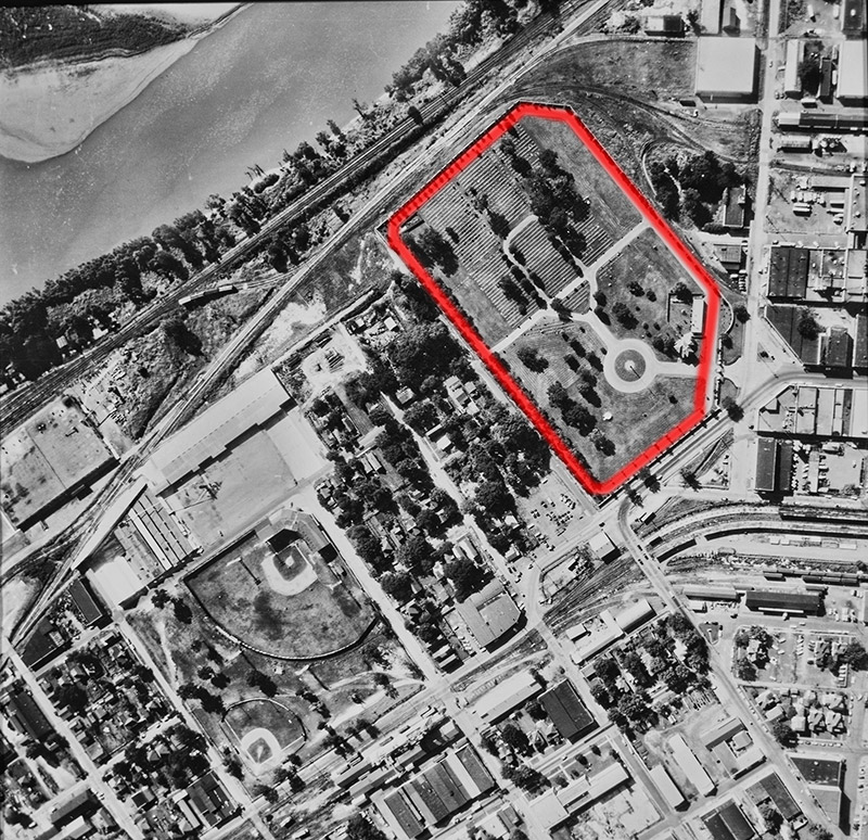 Photograph of Fort Smith from above with cemetery outlined in red
