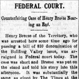 "Federal Court Counterfeiting case of Henry Breese nearing an end" newspaper clipping