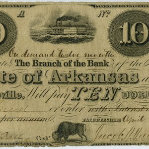 Ten dollar note with Native American, steamboat, white woman churning butter, and buffalo on it