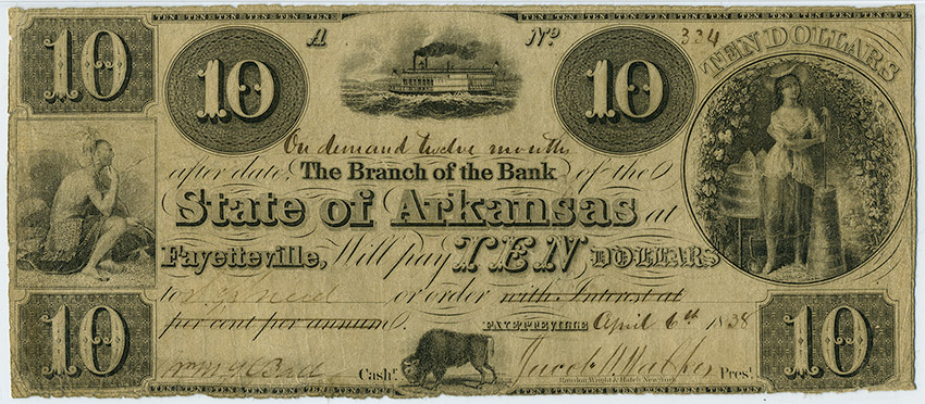 Ten dollar note with Native American, steamboat, white woman churning butter, and buffalo on it