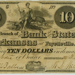 Ten dollar note with agricultural scenes and steamboat artwork