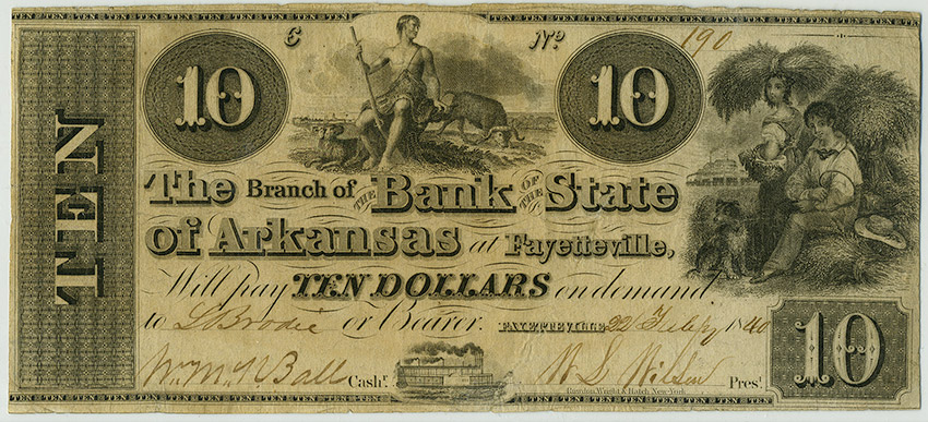 Ten dollar note with agricultural scenes and steamboat artwork