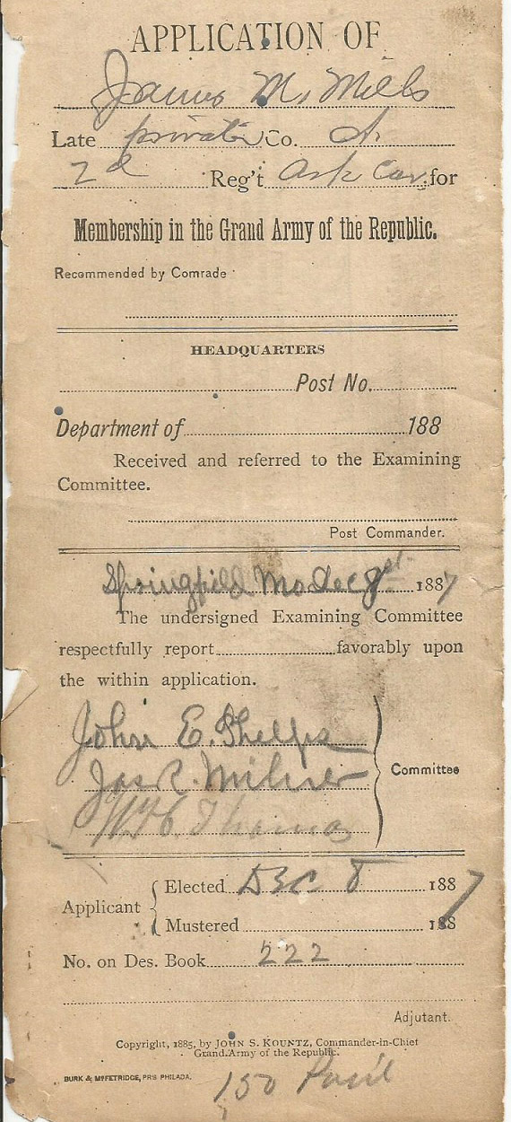 Signed membership form for the "Grand Army of the Republic"