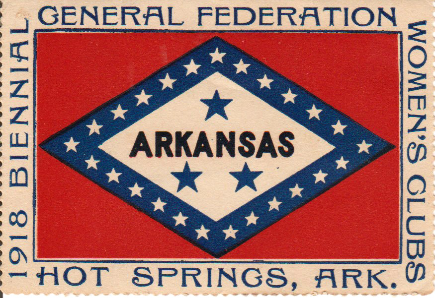 Arkansas flag stamp with blue text on its borders