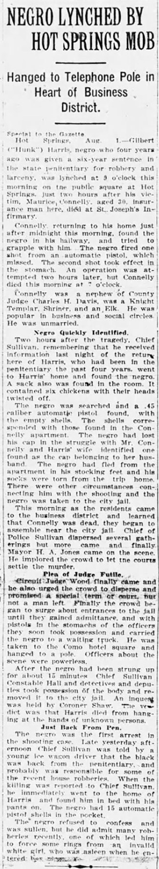 "Negro lynched by Hot Springs mob" newspaper clipping