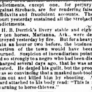 "H.B. Derrick's livery stable and eight or ten horses" newspaper clipping