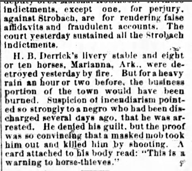 "H.B. Derrick's livery stable and eight or ten horses" newspaper clipping