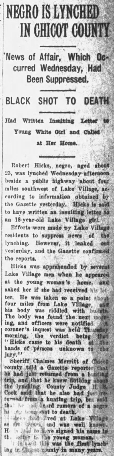"Negro is lynched in Chicot County" newspaper clipping