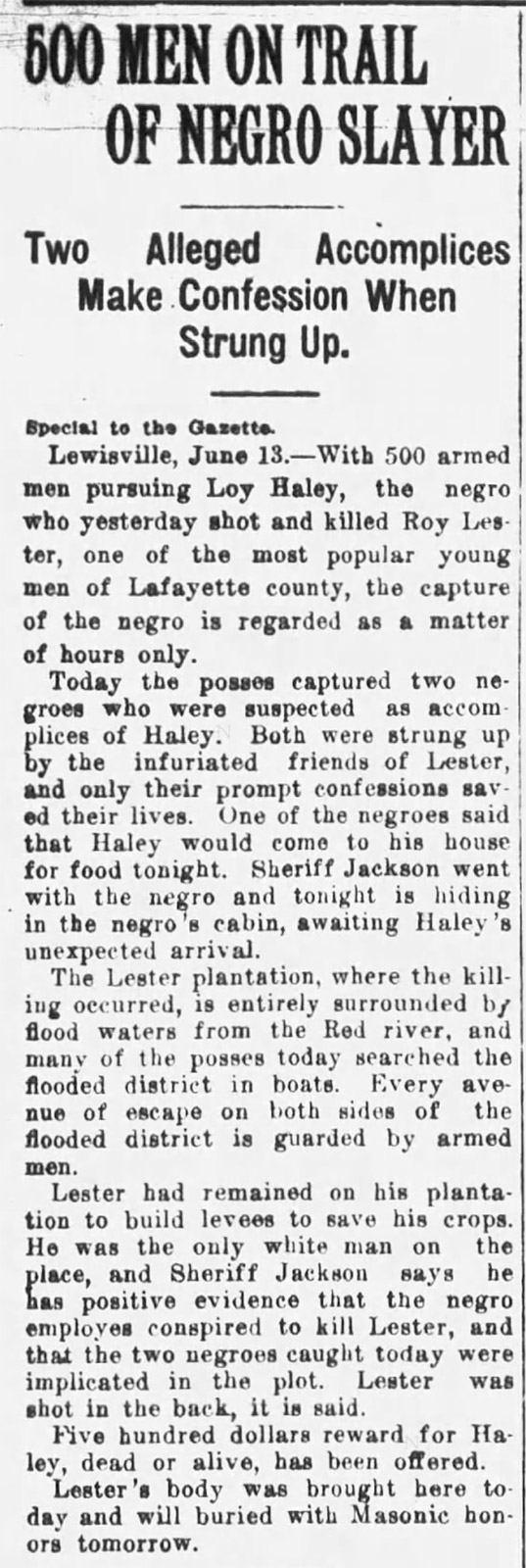 "500 men on trail of Negro slayer" newspaper clipping