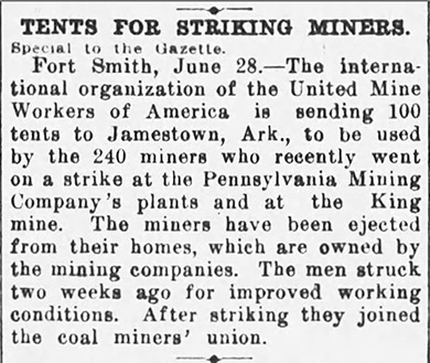 "Tents for striking miners" newspaper clipping