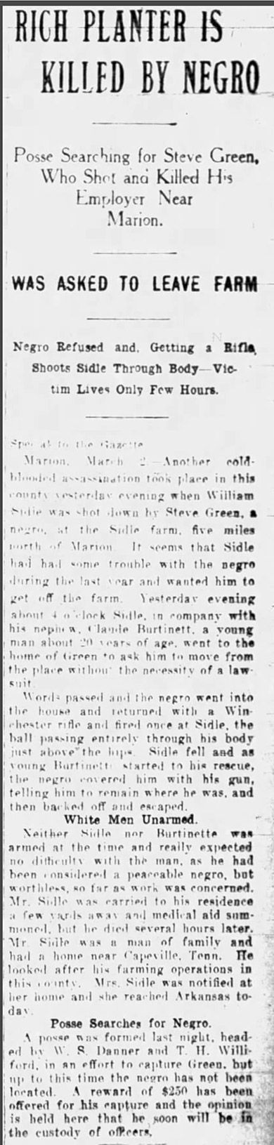 "Rich planter is killed by Negro" newspaper clipping