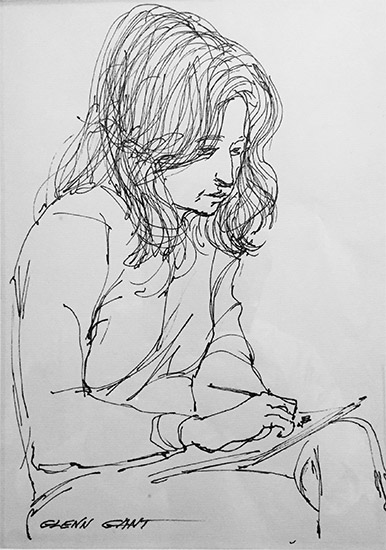 Drawing of woman holding pen and paper