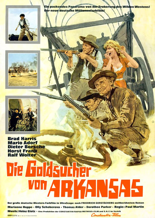 White men in western clothing with guns and white woman on movie poster with German text