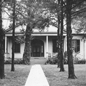 Single-story house with covered porch with trees in front yard