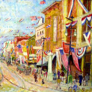 Painting of crowd city street decorated with flags and streamers with multistory buildings on both sides