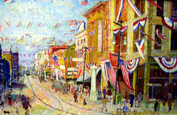 Painting of crowd city street decorated with flags and streamers with multistory buildings on both sides