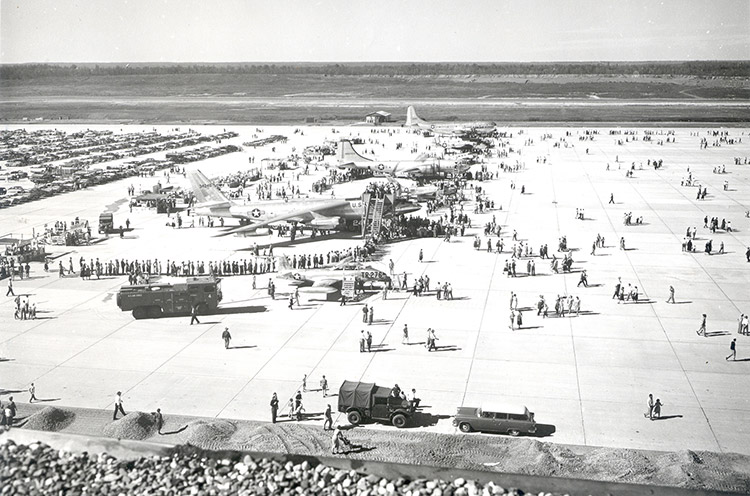 U.S. Air Force planes and vehicles on display with crowd