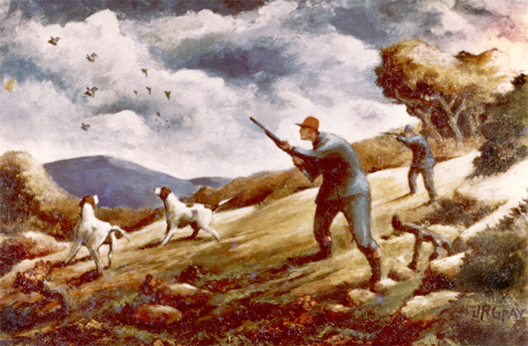 White hunters firing guns at ducks in the sky with dogs on hill side