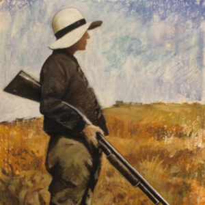 White hunter with gun and hat in field