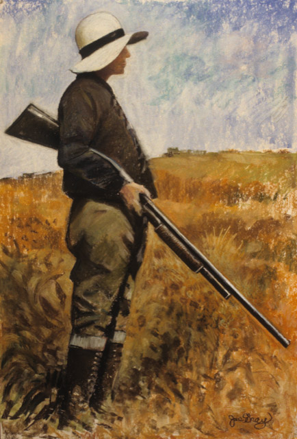 White hunter with gun and hat in field