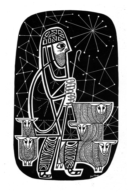 stylized black and white drawing of shepherd and sheep looking up at the night sky