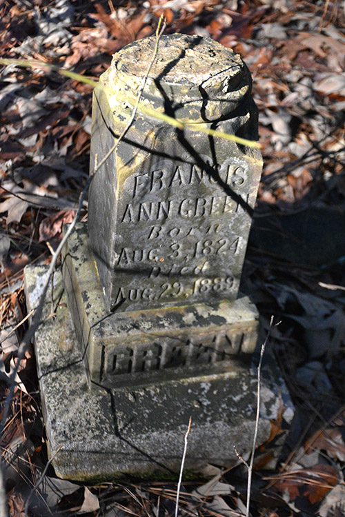 "Francis Ann Green" gravestone with broken top