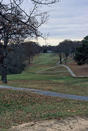 Golf course with overcast skies trees and walking paths