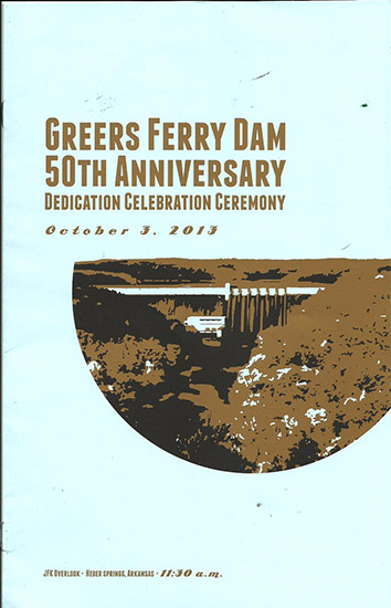 "Greers Ferry Dam Fiftieth anniversary" program cover with picture of concrete dam and countryside on it
