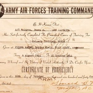 "Army Air Forces Training Command" certificate for James A. Waldron