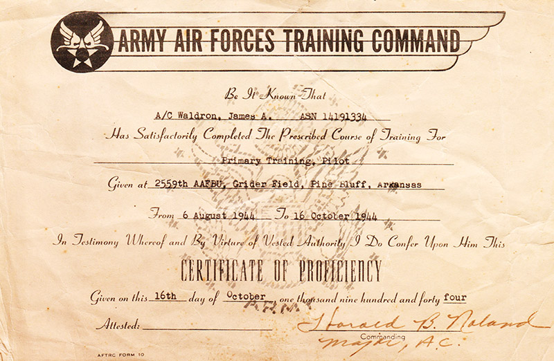 "Army Air Forces Training Command" certificate for James A. Waldron