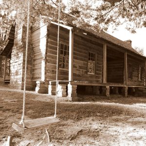 Log cabin with covered porch and swing in the foreground