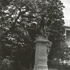 Statue of soldier on stone monument near steps and large tree