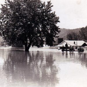 Flooded area with trees, half-submerged residence, group of people perched upon something just above the water line