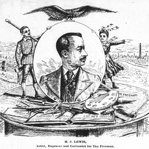 Cartoon with profile view of African-American man with eagle above him and boy and girl on either side