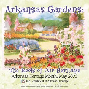"Arkansas Gardens" poster with houses and garden flowers on it with purple text