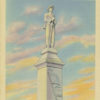 Statue of soldier with gun and hat on top of stone monument on postcard