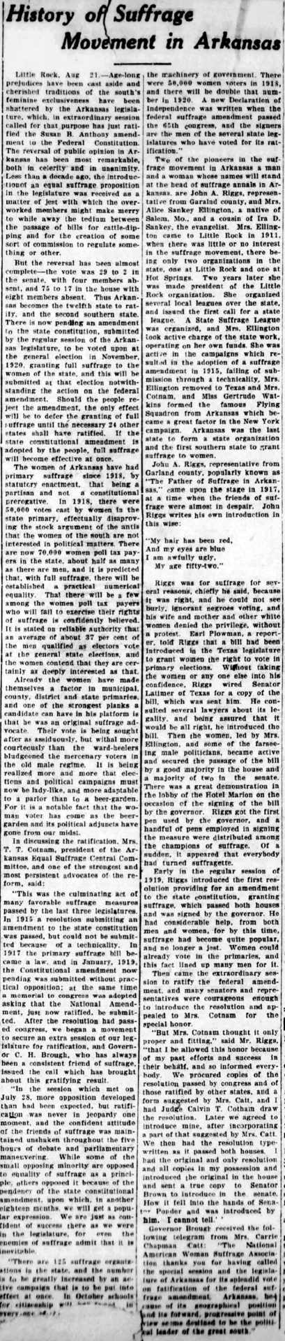 "History of Suffrage Movement in Arkansas" newspaper clipping