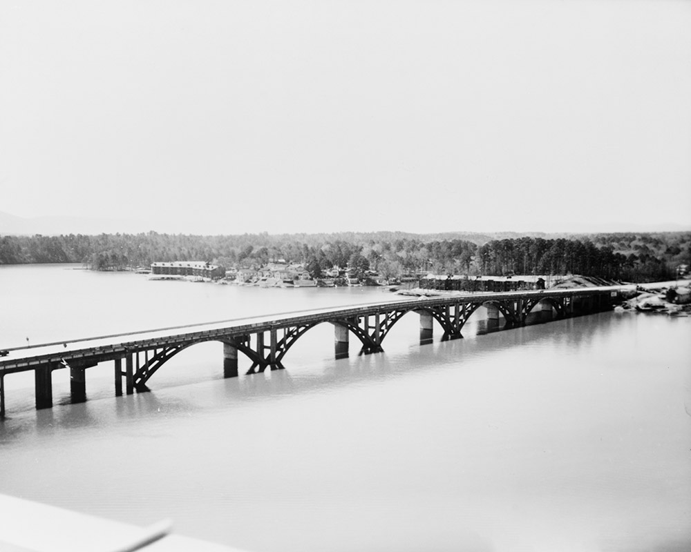 Bridge crossing river seen from great height